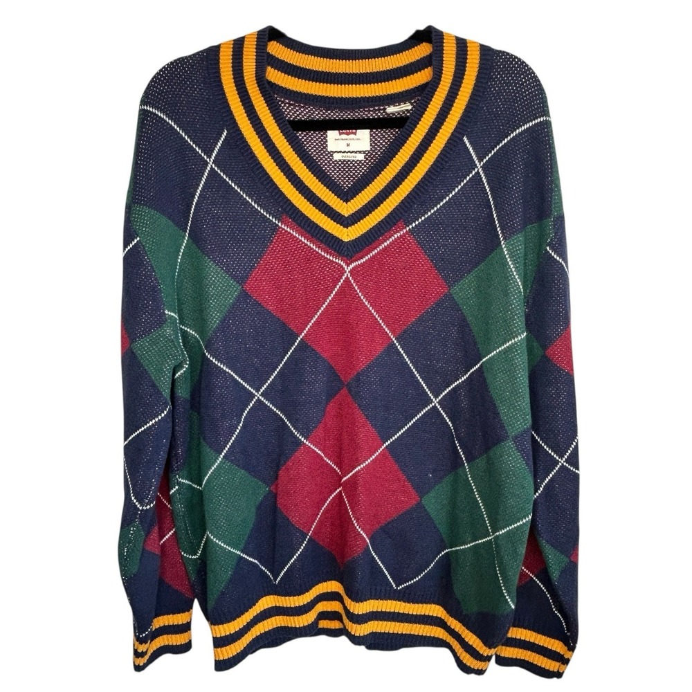 Levis Argyle Diamond Sweater Mens Medium Preppy Oversize College‎ Holiday V Neck